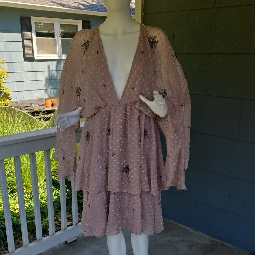 NWT Blush Pink Multi Tier Sheer Beaded Midi Dress